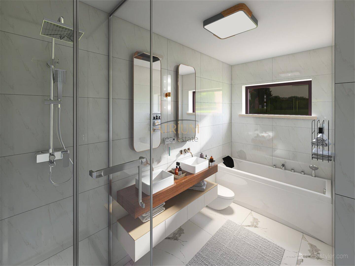 Geräumiges Badezimmer mit Doppelwaschbecken, Badewanne, großer Dusche und Fenster.