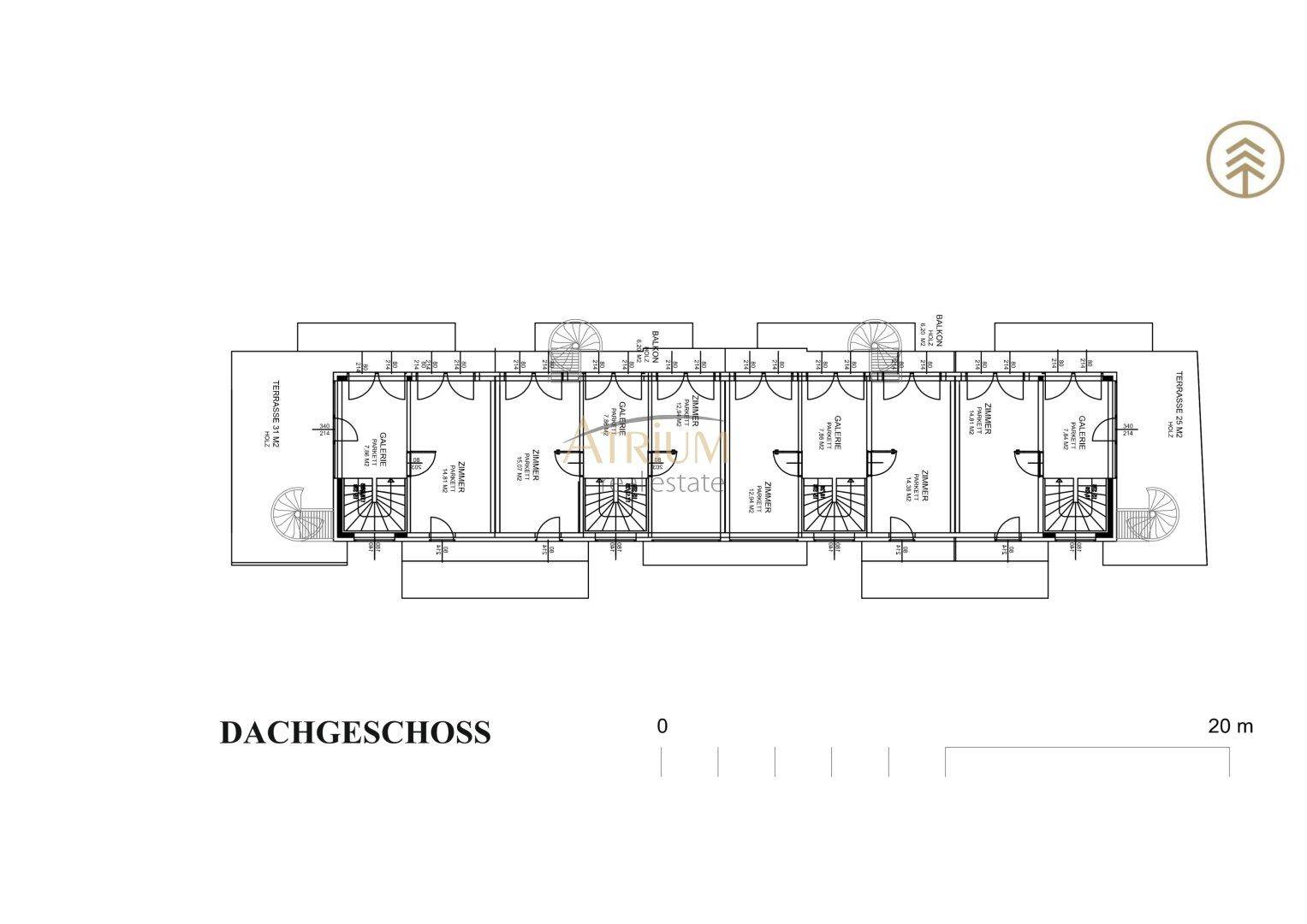 Grundriss des Dachgeschosses mit Terrassen und Wendeltreppen für den Zugang zur Dachterrasse.