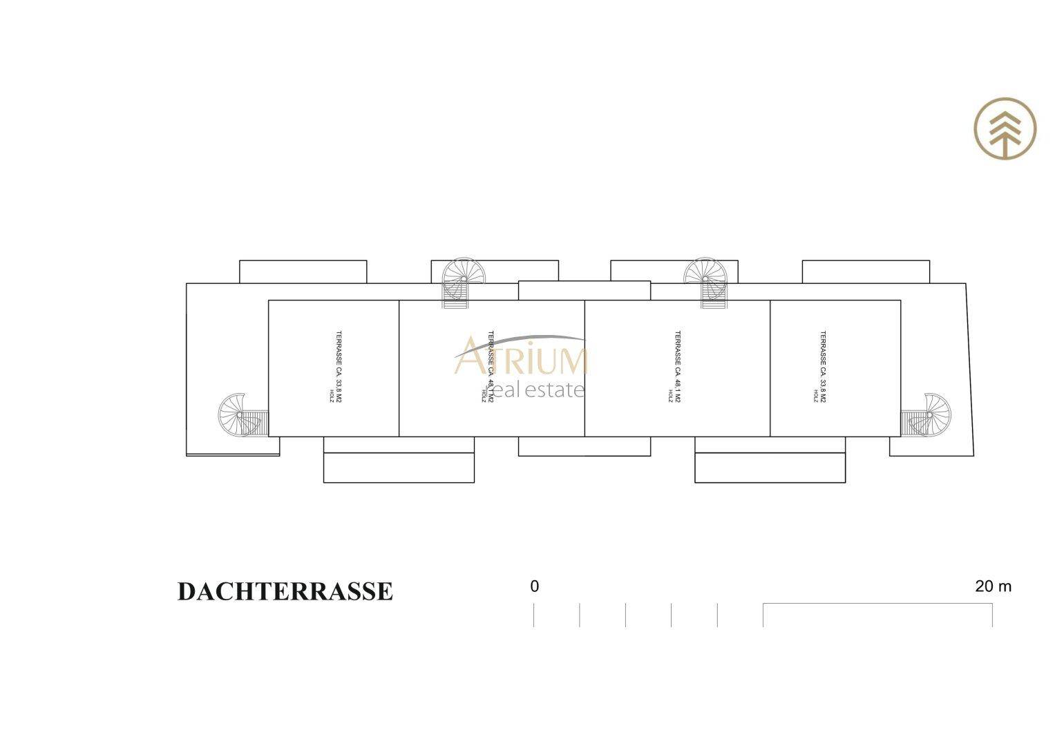 Grundriss der Dachterrasse mit mehreren separaten Bereichen und Wendeltreppen.