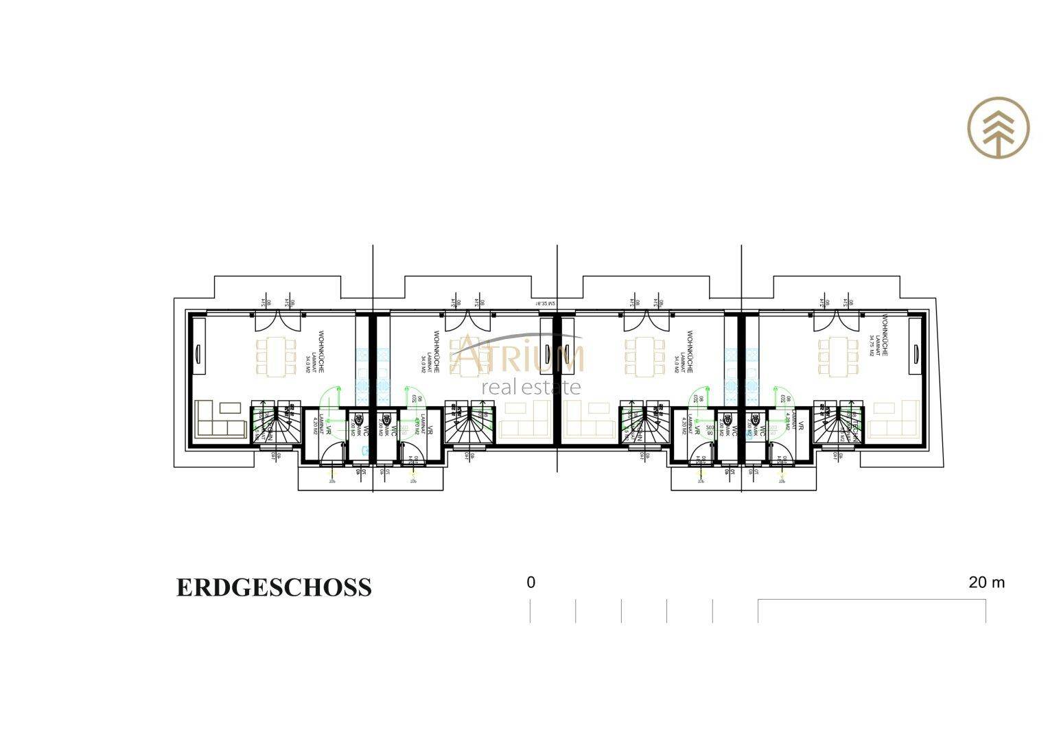 Grundriss des Erdgeschosses mit mehreren Wohneinheiten und Zugang zu Gärten.