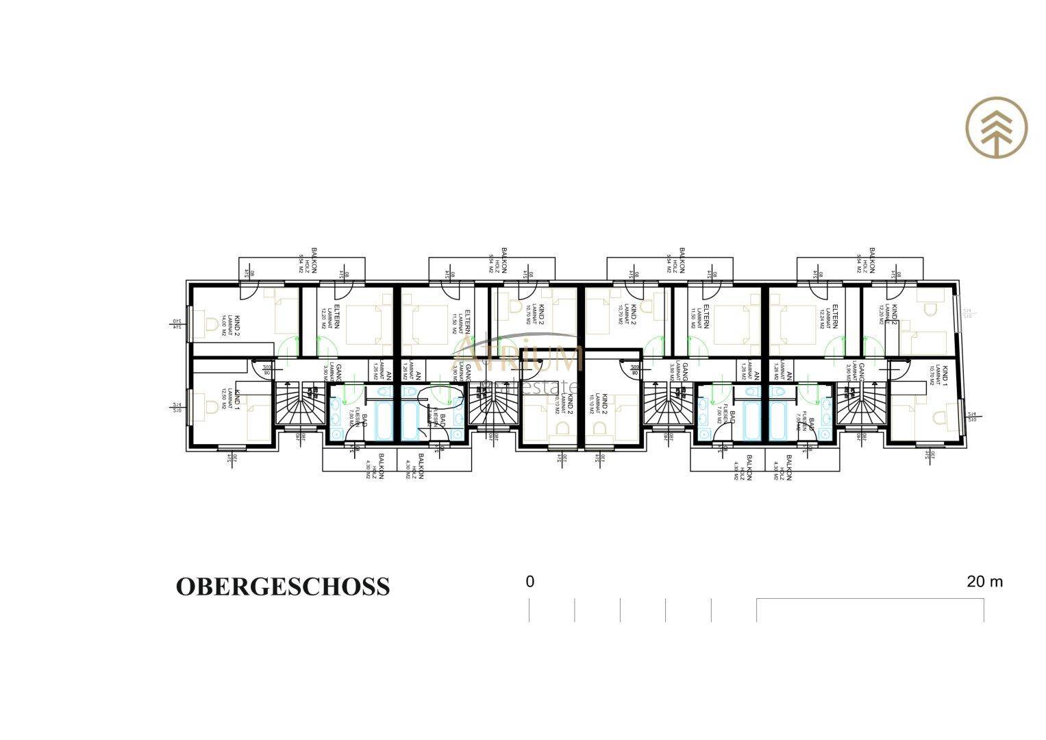Grundriss des Obergeschosses mit Schlafzimmern, Bädern und Balkonzugängen für mehrere Einheiten.