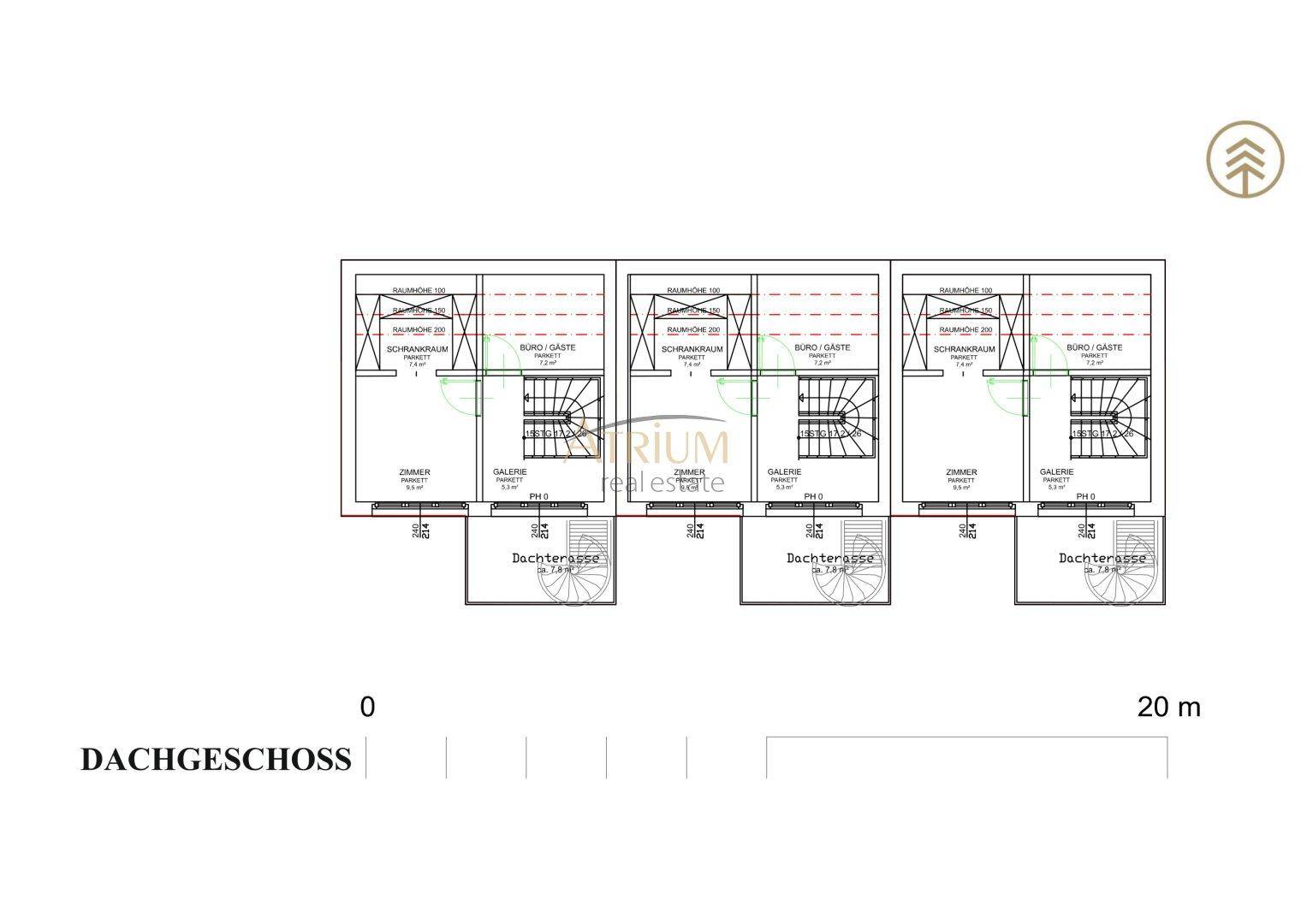 Grundriss des Dachgeschosses mit Dachterrasse und zusätzlichem Zimmer.