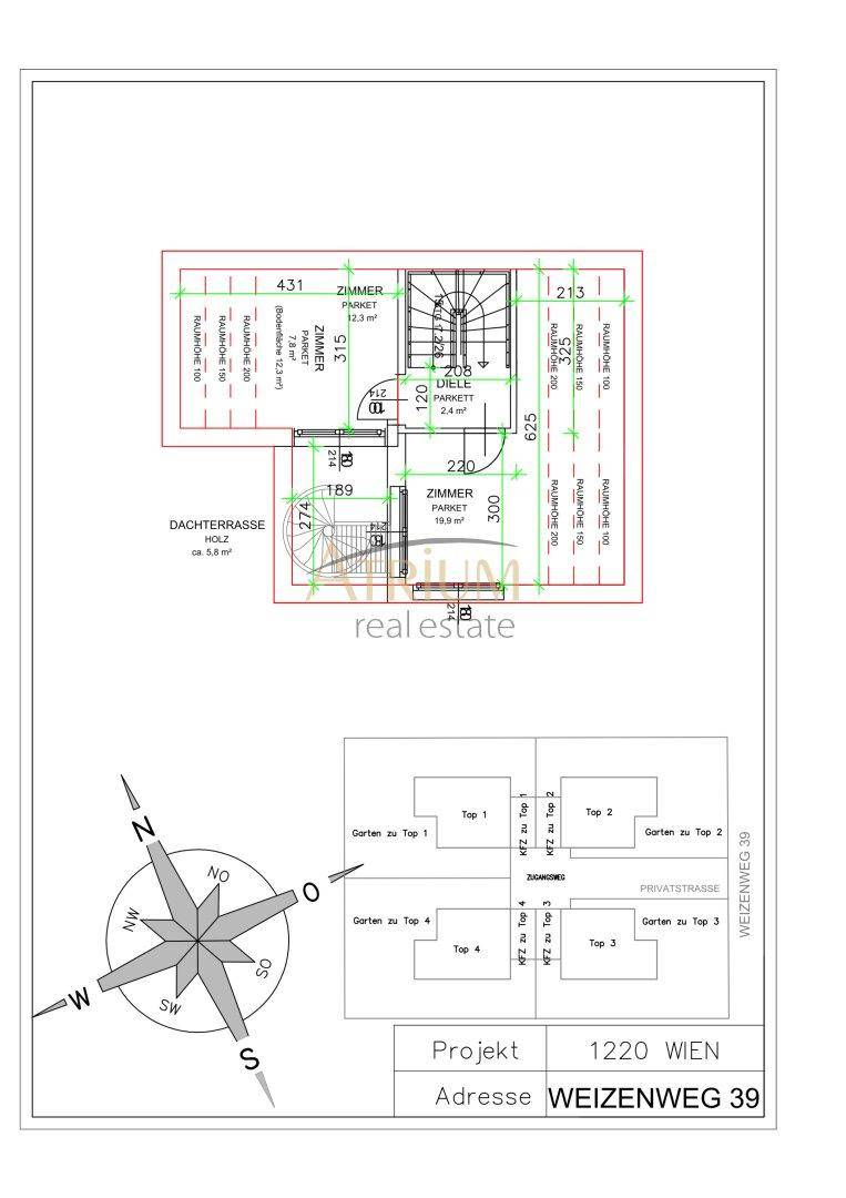 Grundriss des Dachgeschosses mit Zimmer und Zugang zur Dachterrasse.