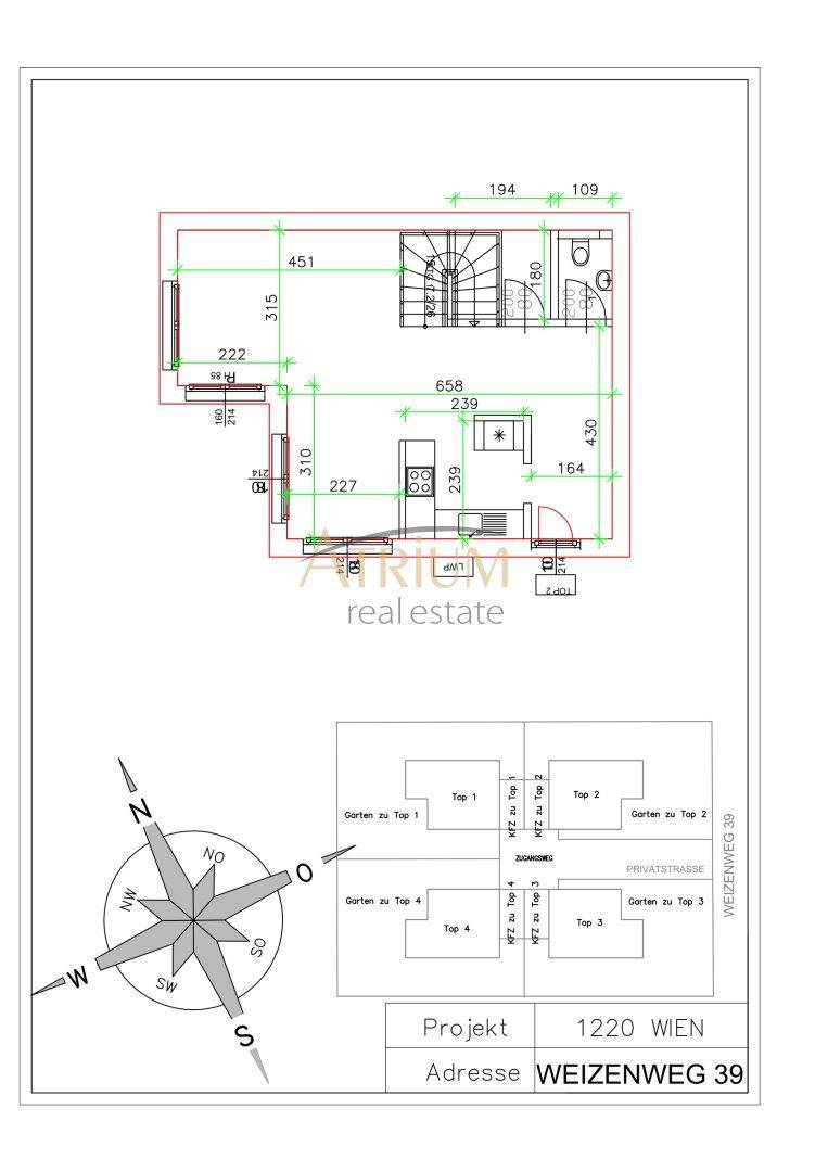 Grundriss des Erdgeschosses mit Küche, WC und Treppenhaus.