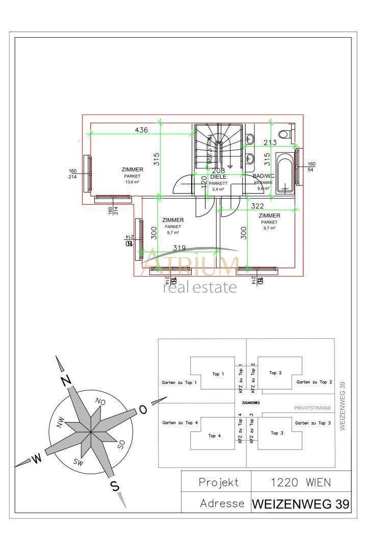 Grundriss des Obergeschosses mit zwei Schlafzimmern und Badezimmer.