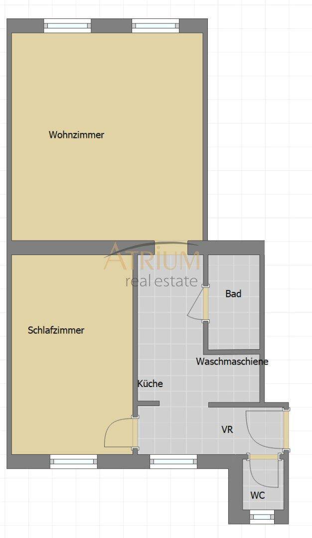 Grundriss einer Wohnung mit Wohnzimmer, Schlafzimmer, Küche, Bad und separatem WC.