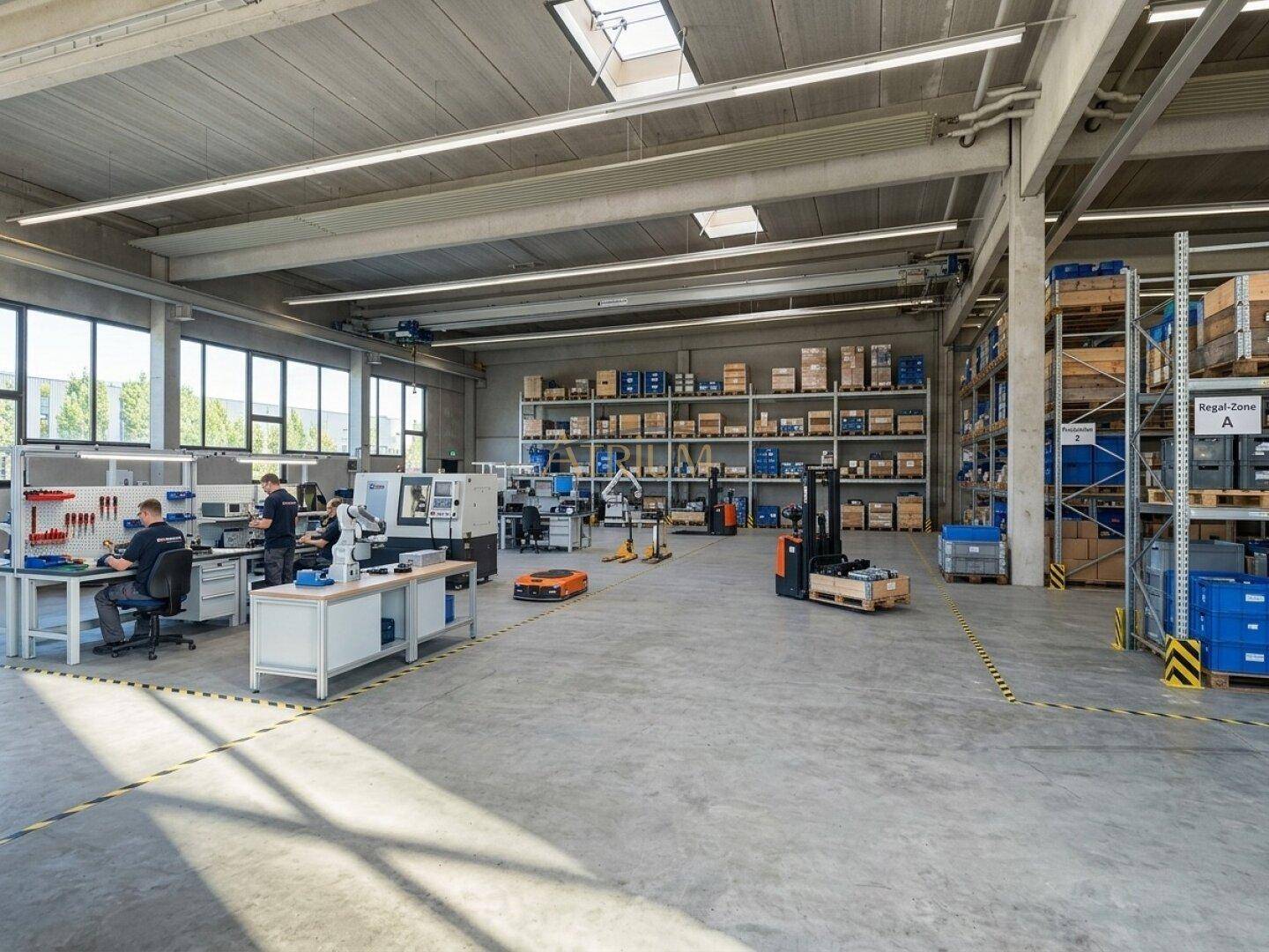 Große, helle Lagerhalle mit Produktionsbereich, hohen Decken und Oberlichtern für viel Tageslicht.