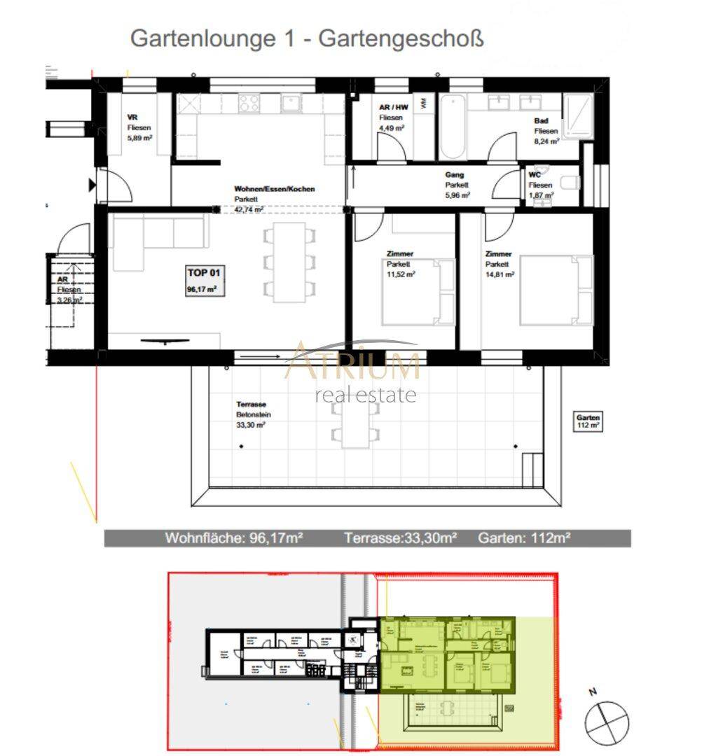 Grundriss der Gartenlounge 1 im Gartengeschoss mit Terrasse und Garten.