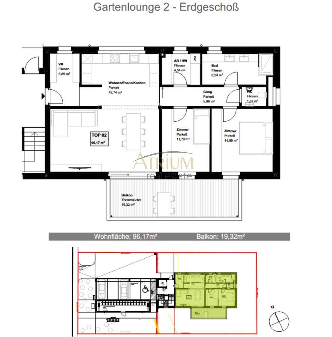 Grundriss der Gartenlounge 2 im Erdgeschoss mit offenem Wohnbereich und Balkon.