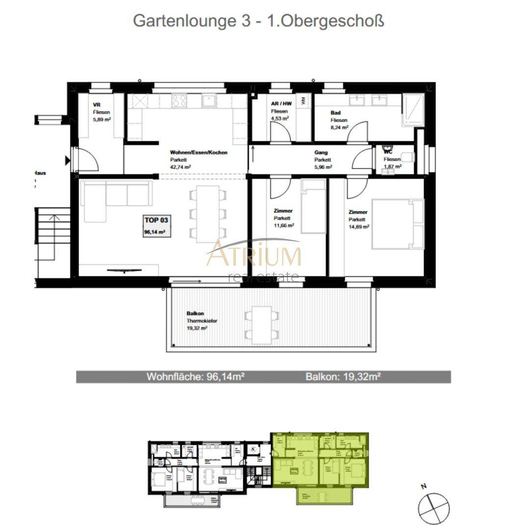 Grundriss der Gartenlounge 3 im 1. Obergeschoss mit Balkon und drei Schlafzimmern.