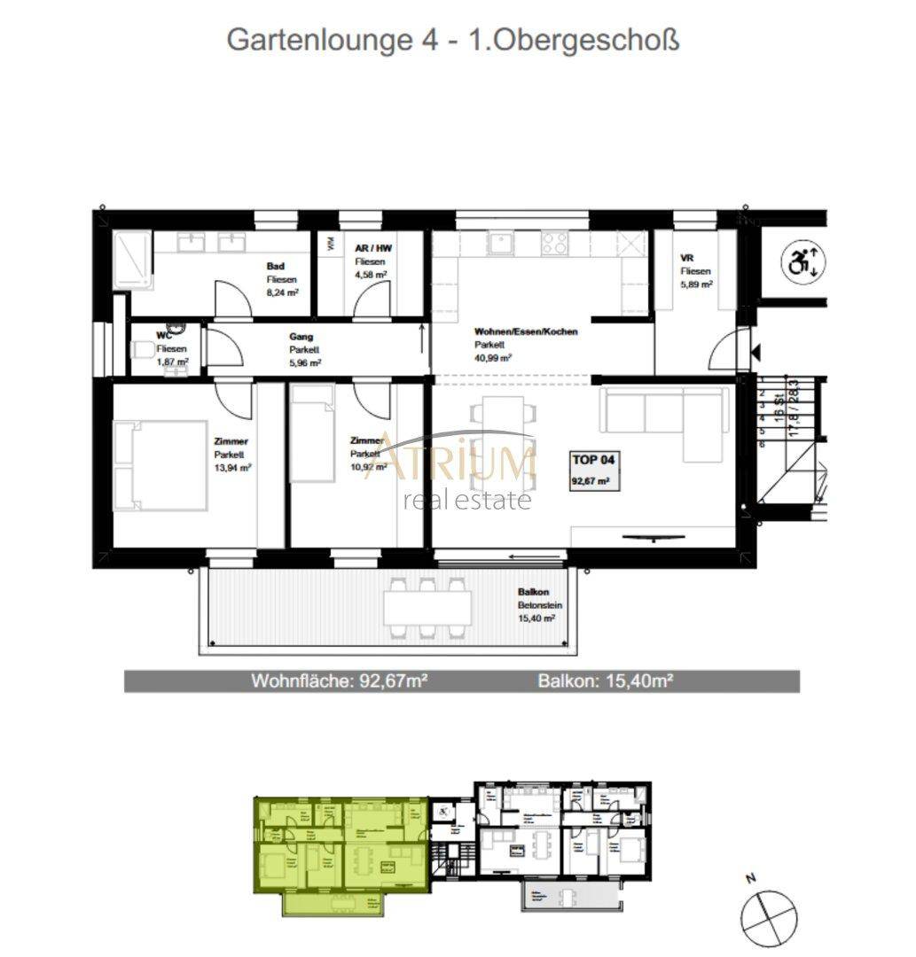 Grundriss der Gartenlounge 4 im 1. Obergeschoss mit Balkon und offenem Wohnbereich.