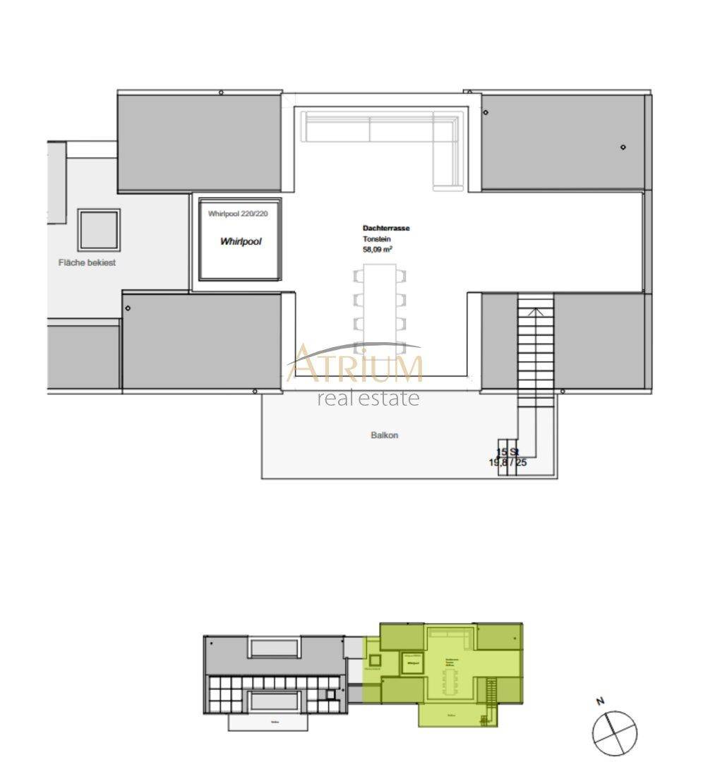 Grundriss der Dachterrasse mit Whirlpool und Essbereich für Gartenlounge 5.