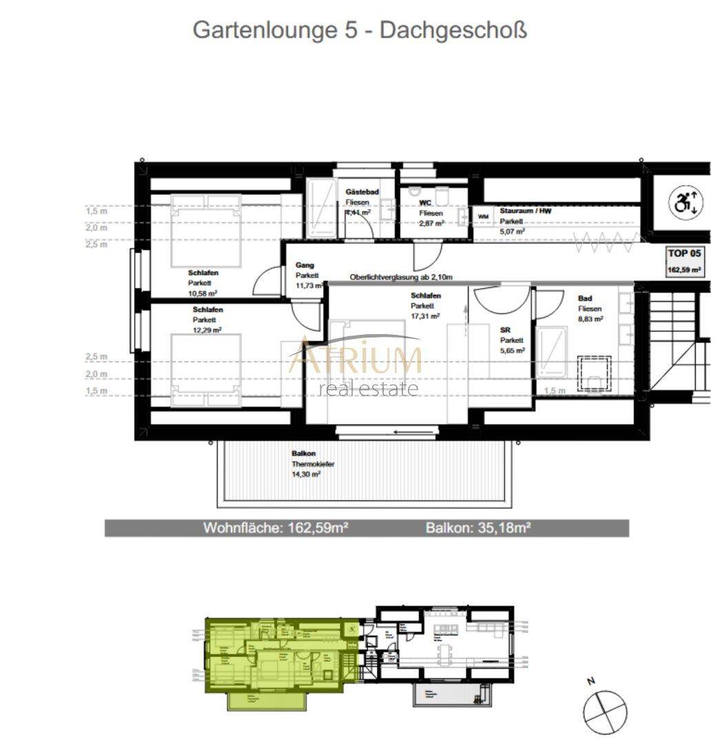 Grundriss der Gartenlounge 5 im Dachgeschoss mit großem Balkon und mehreren Schlafzimmern.
