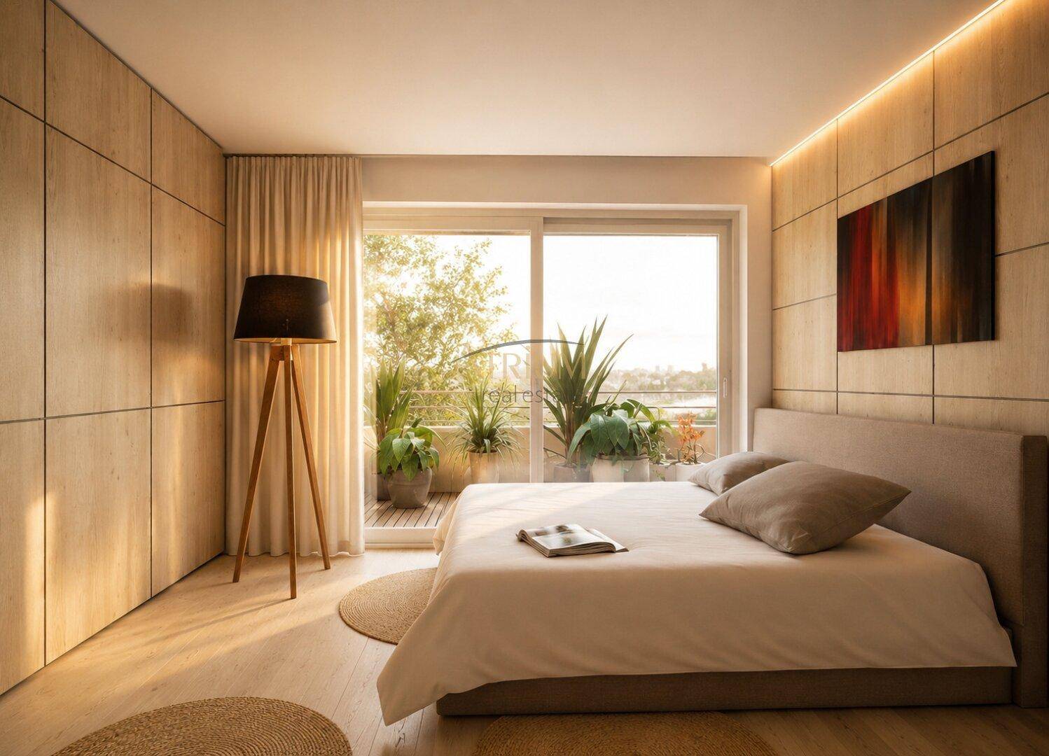 Helles Schlafzimmer mit Holzwänden, großem Fenster und Zugang zum Balkon.