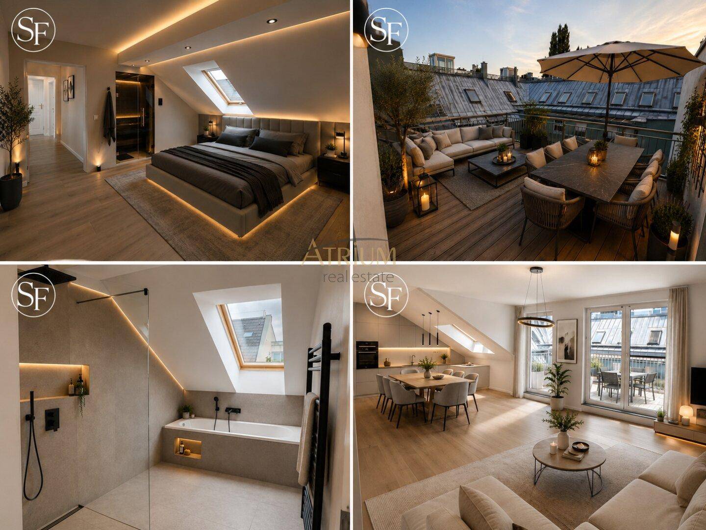 Collage verschiedener Innenräume und der Dachterrasse, die das moderne Design und die Ausstattung zeigen.