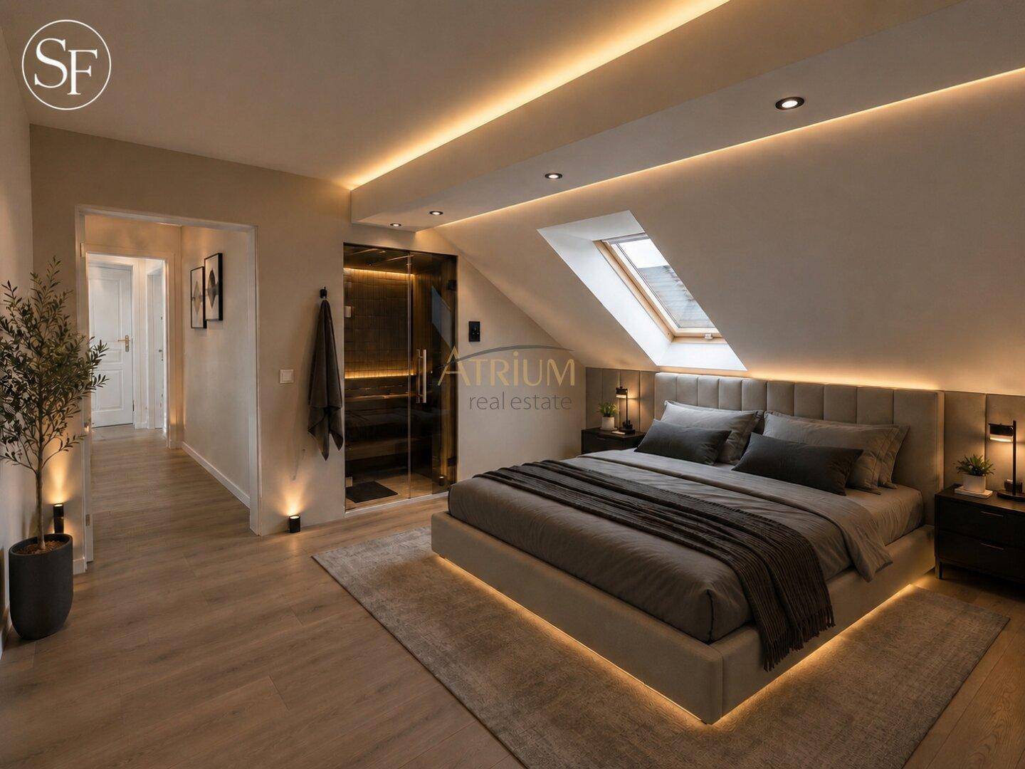 Modernes Schlafzimmer mit indirekter Beleuchtung, Holzboden, Dachschräge und integrierter Sauna.