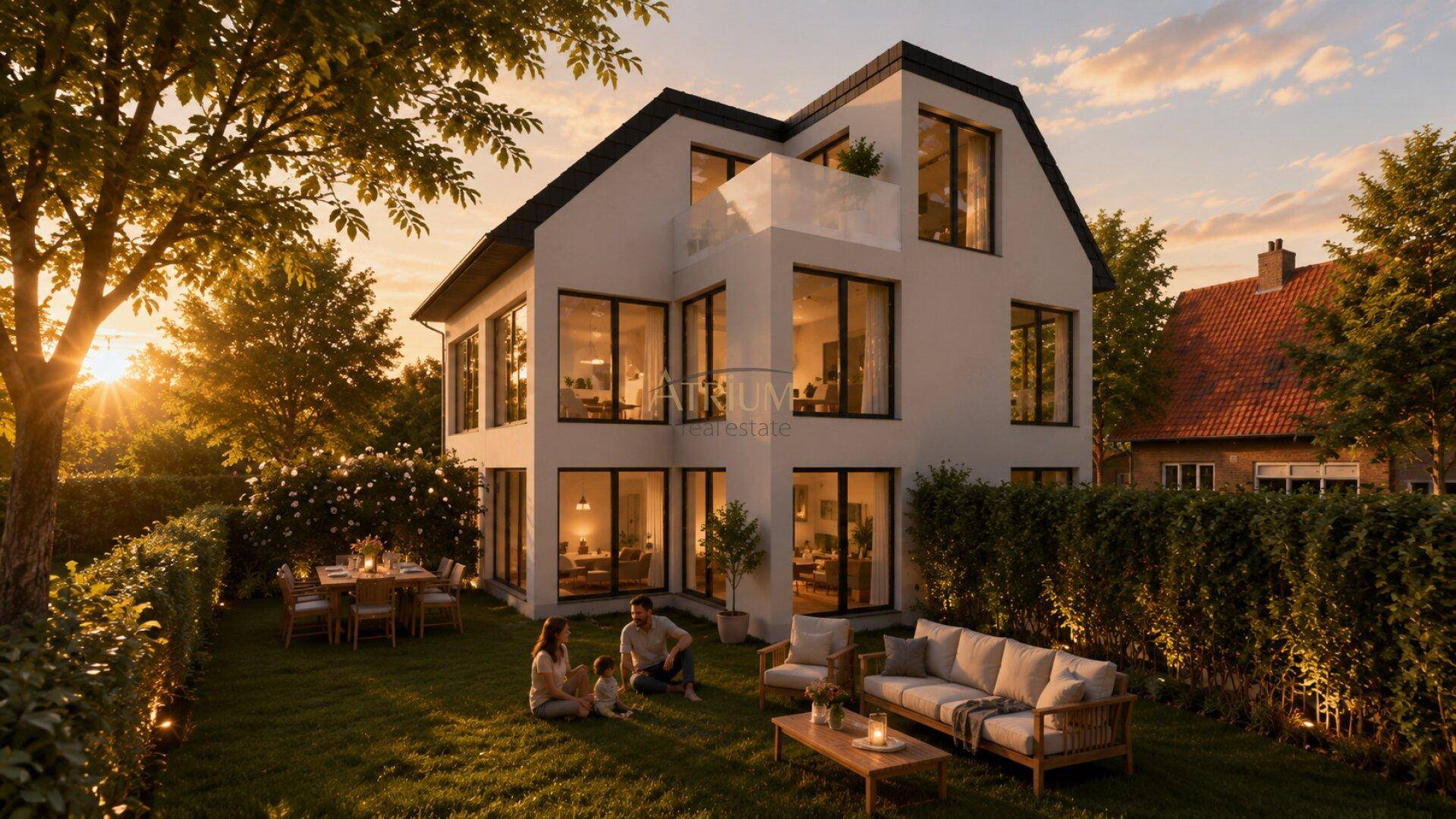 Großzügiger Garten mit Essbereich und Lounge-Möbeln, perfekt für entspannte Abende im Freien.