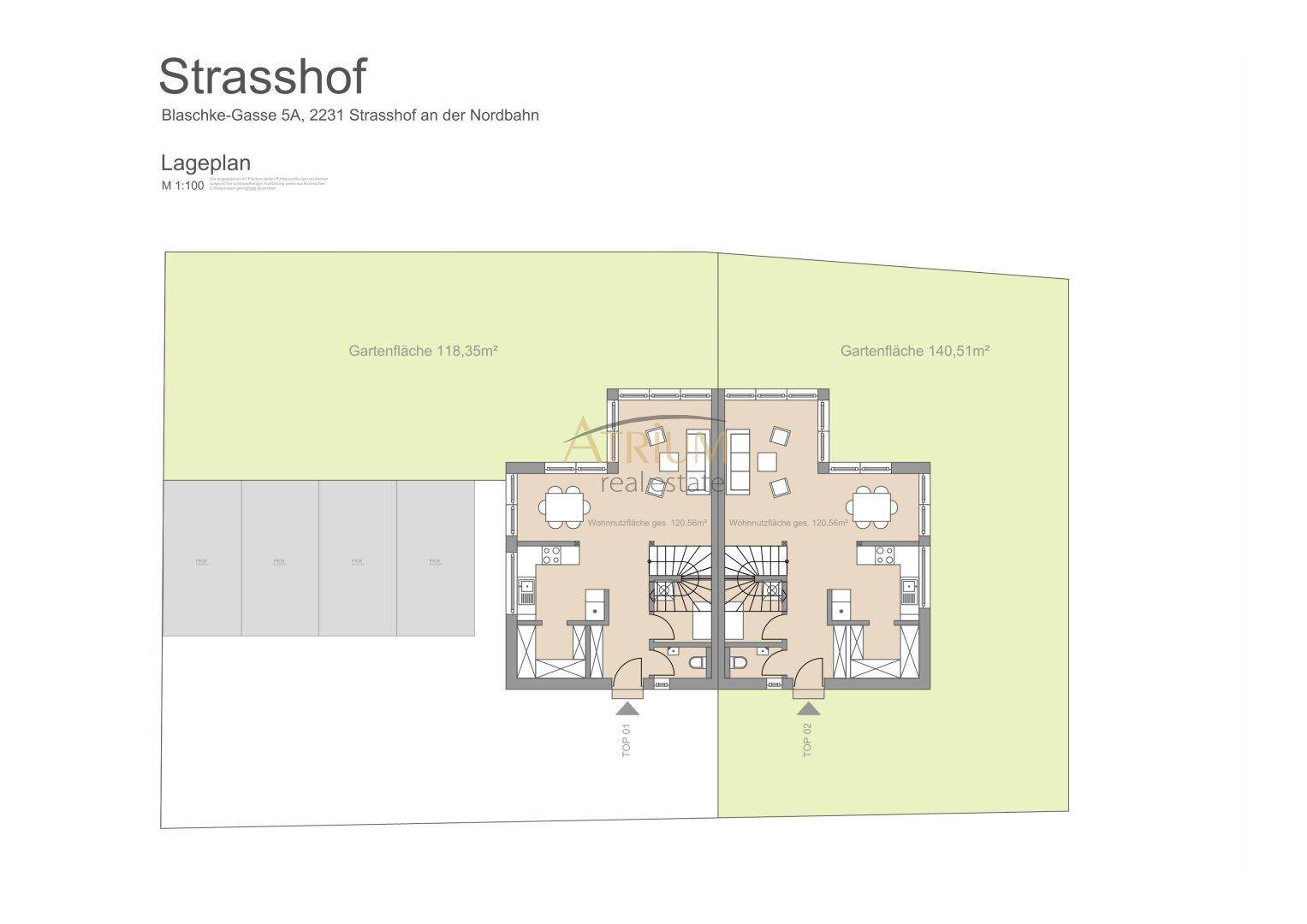 Lageplan des Grundstücks mit Gartenflächen und Parkplätzen.