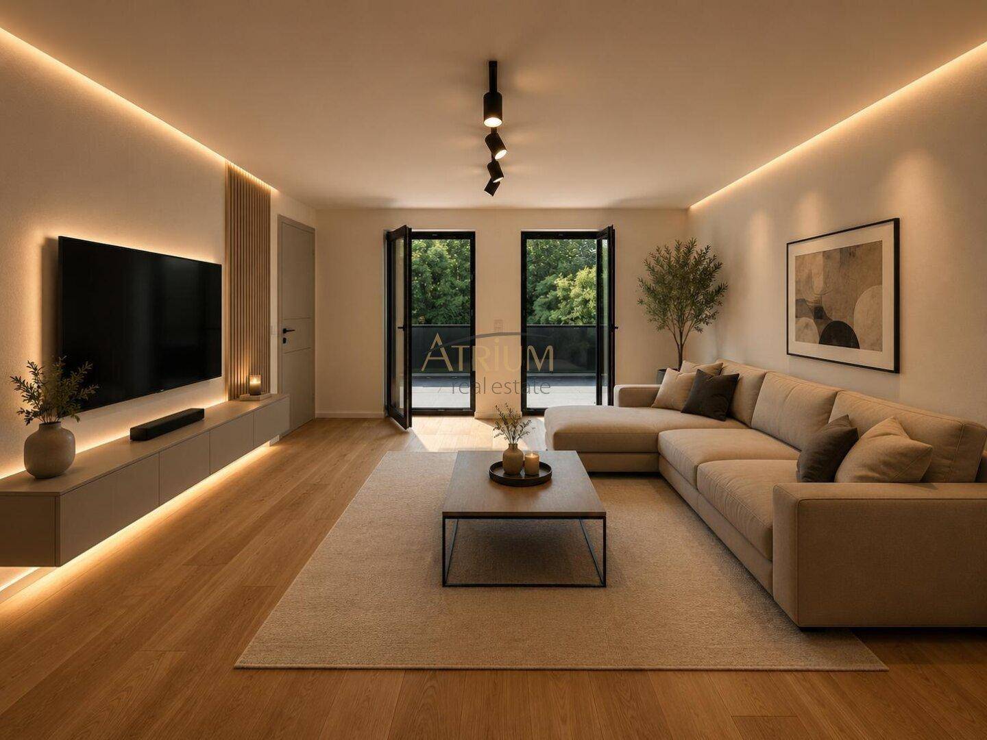 Stilvolles Wohnzimmer mit modernem Sofa, integrierter Beleuchtung und Zugang zu einem Außenbereich.