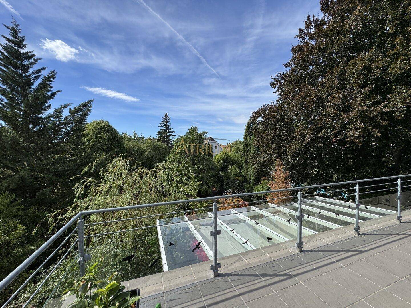 Weitläufiger Blick von einer Terrasse über grüne Bäume und die umliegende Landschaft unter blauem Himmel.