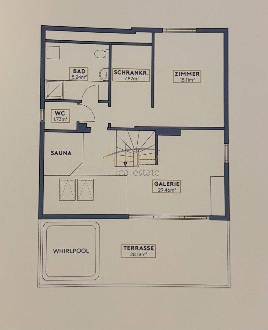 Grundriss des Obergeschosses mit Bad, Schlafzimmer, Galerie, Sauna und einer weiteren Terrasse mit Whirlpool.