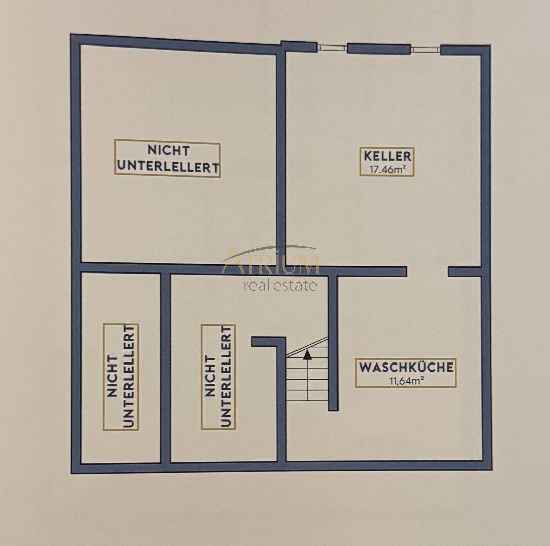 Grundriss des Kellergeschosses mit Waschküche und Abstellräumen, teilweise nicht unterkellert.