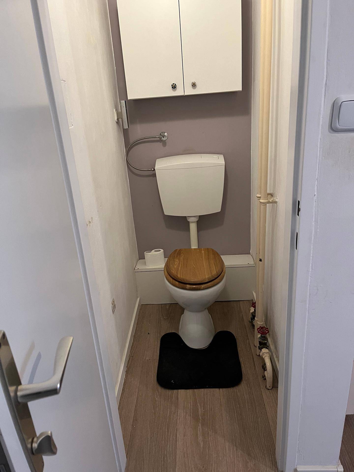 Kleines Gäste-WC mit Toilette und Hängeschrank, funktional eingerichtet.