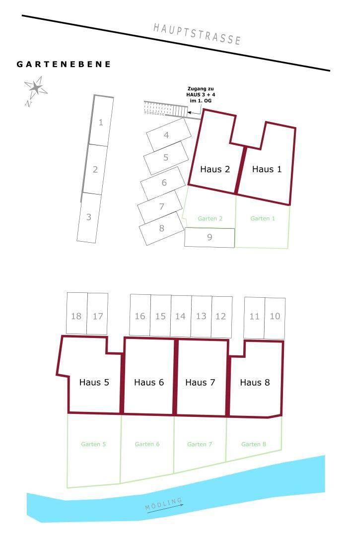 Grundriss der Gartenebene mit der Anordnung der Häuser 5 bis 8 und den zugehörigen Gärten.