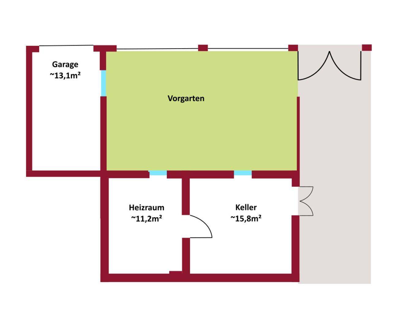 Grundriss des Untergeschosses mit Garage, Heizraum, Keller und einem Vorgartenbereich.