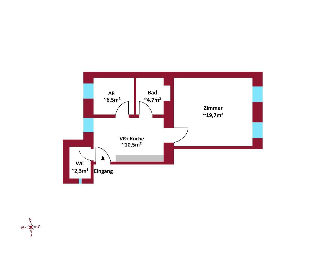 Grundriss einer Wohnung mit Zimmer, Bad, WC, Küche und Abstellraum.