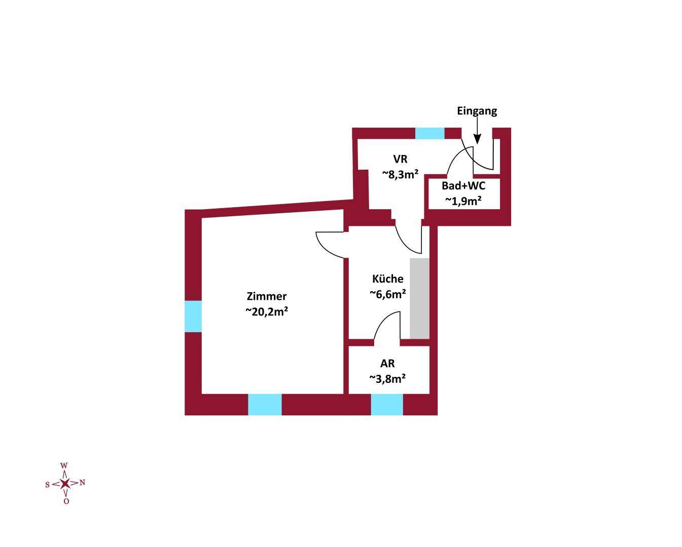 Grundriss der Wohnung mit einem Zimmer, separater Küche, Bad und Abstellraum.