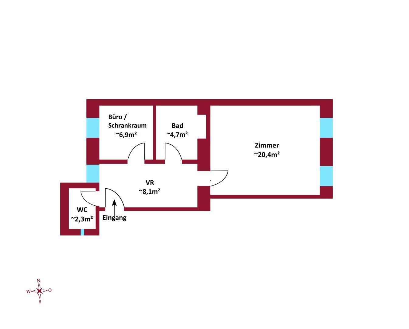 Grundrissplan einer Wohnung mit Zimmer, Bad, WC, Büro/Schrankraum und Vorraum.
