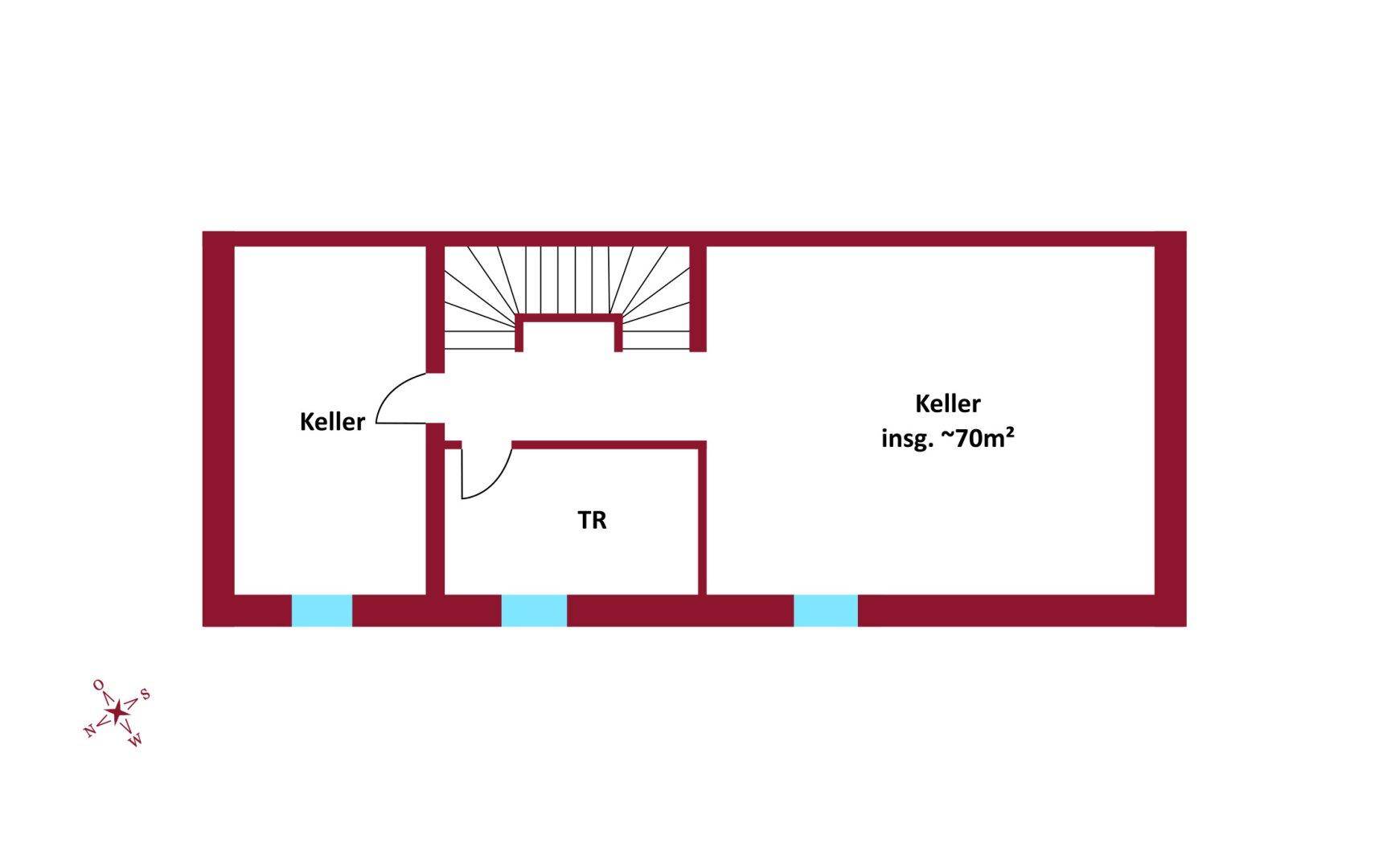 Grundriss des Kellers mit zwei Kellerräumen, Technikraum und Treppenaufgang zum Erdgeschoss.