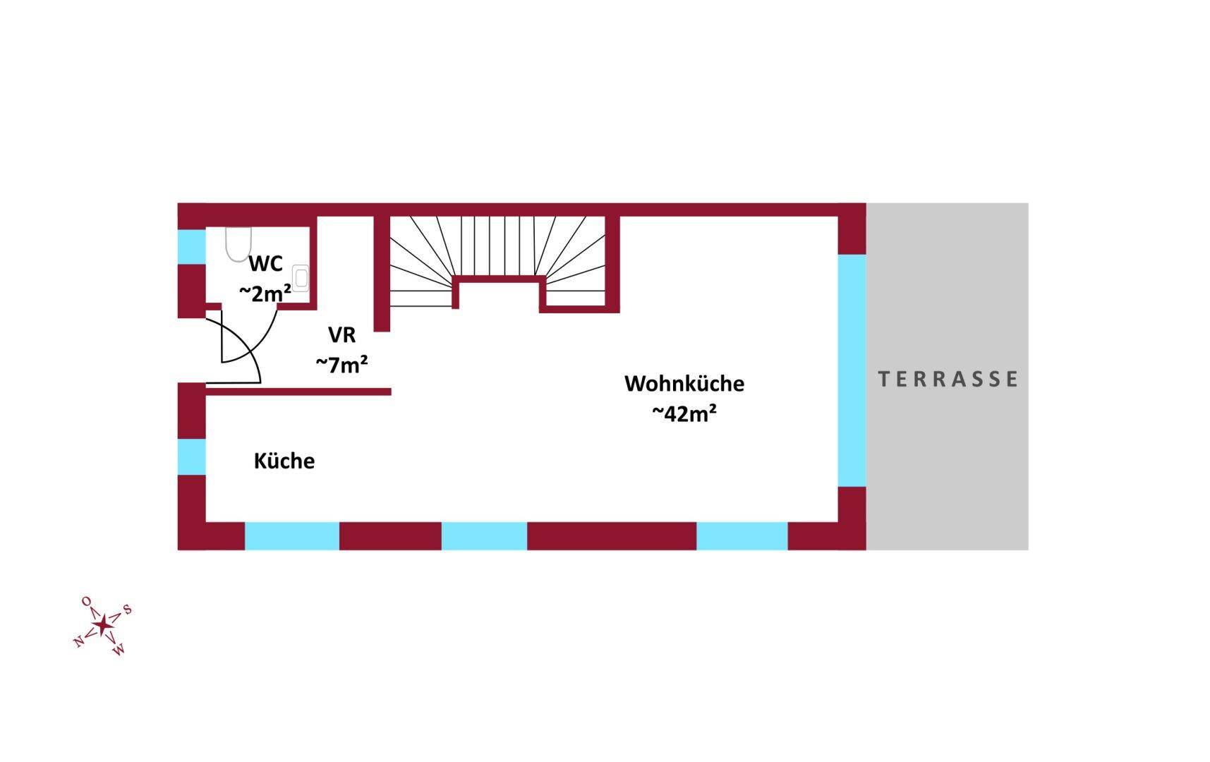 Grundriss des Erdgeschosses mit offener Wohnküche, separatem WC und direktem Zugang zur Terrasse.
