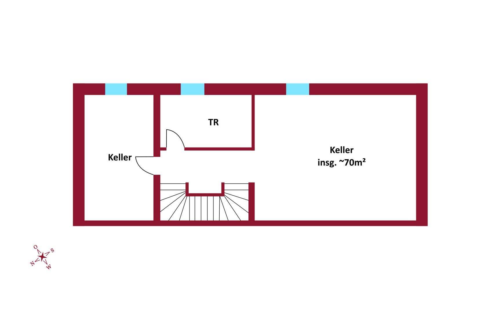 Grundriss des Kellergeschosses mit mehreren Kellerräumen und Treppenabgang zur oberen Etage.