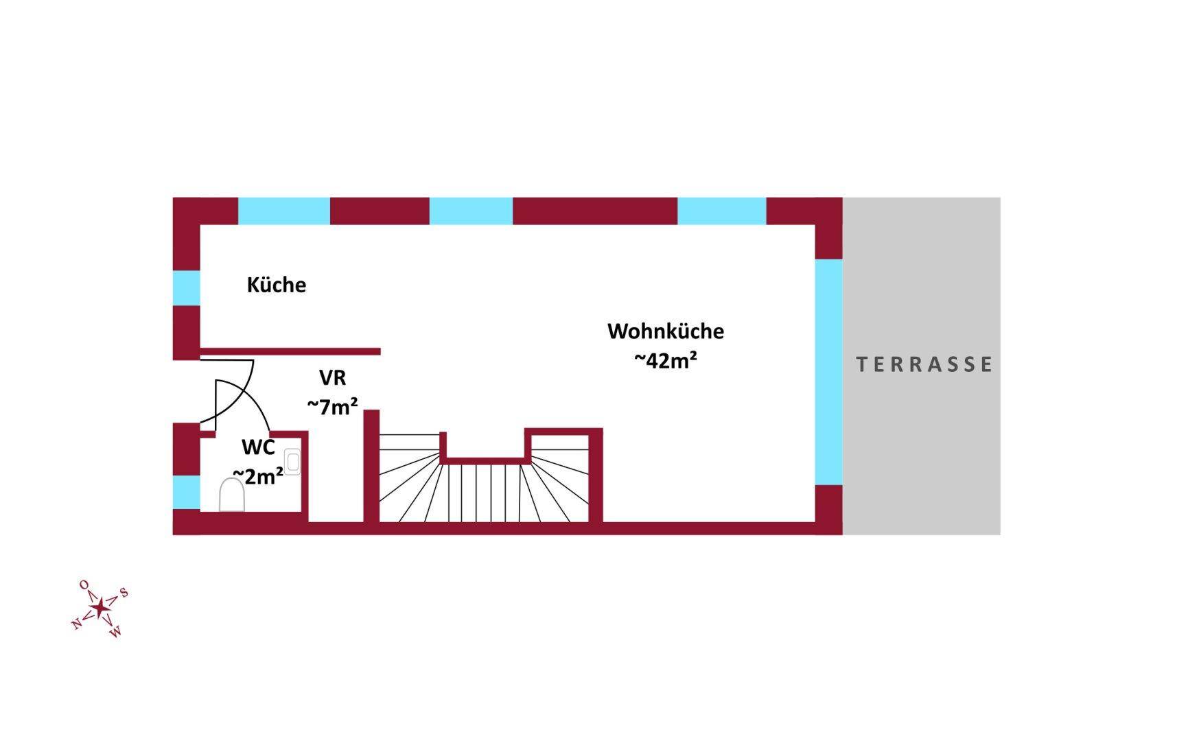 Grundriss des Erdgeschosses mit geräumiger Wohnküche, separatem WC und direktem Zugang zur Terrasse.