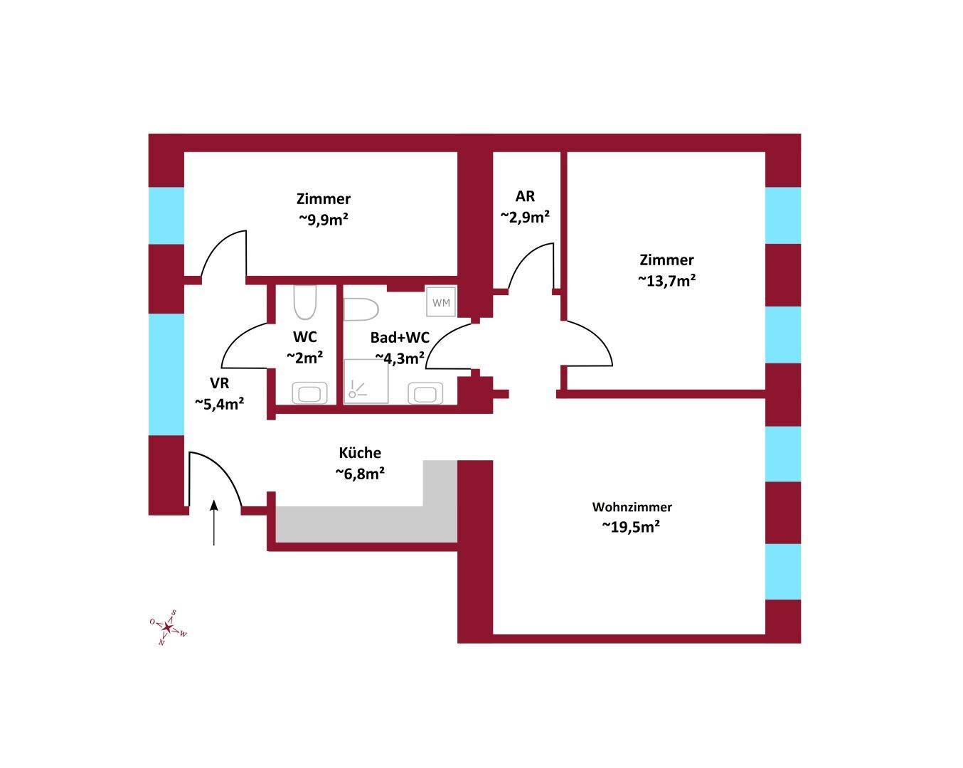 Grundriss einer Wohnung mit zwei Zimmern, separater Küche, Bad und WC sowie Abstellraum.