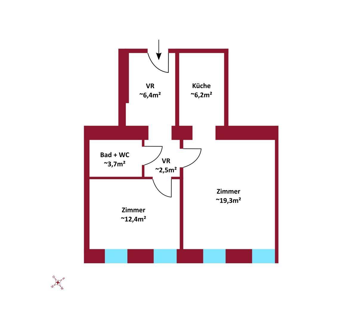 Grundriss einer Wohnung mit zwei Zimmern, Küche, Bad und WC, sowie einem Vorraum.