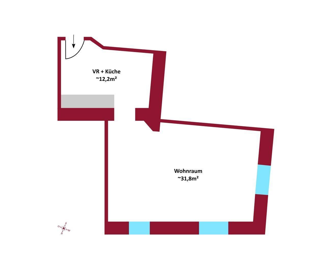 Grundriss mit großem Wohnraum und kombiniertem Vorraum mit Küche, ideal für offenes Wohnen.