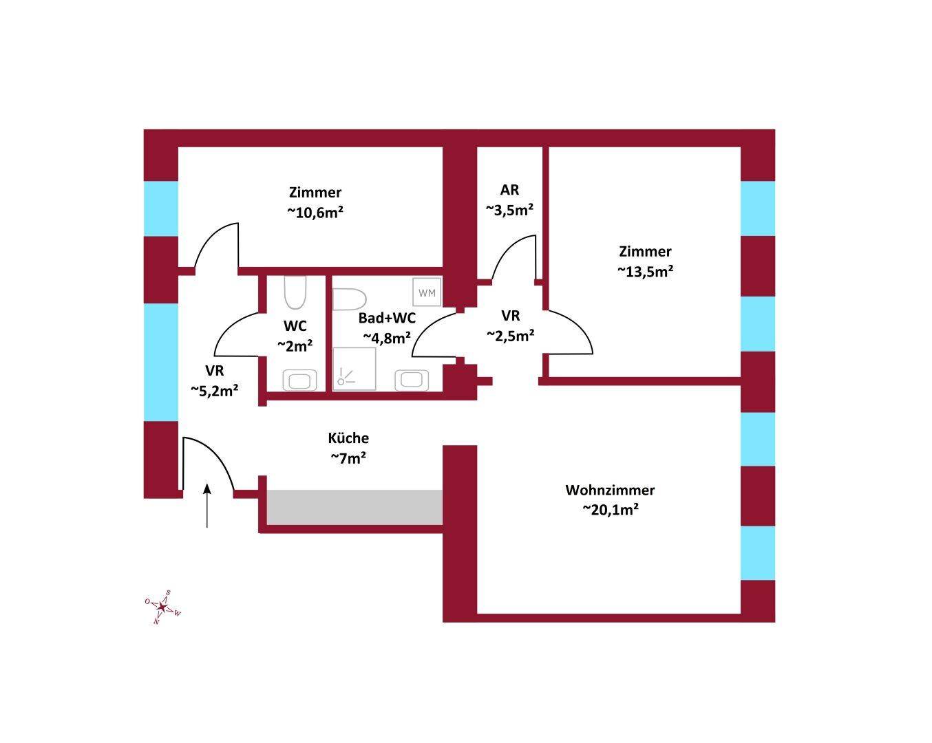 Grundriss einer Wohnung mit zwei Zimmern, separater Küche, Bad und WC sowie Abstellraum.