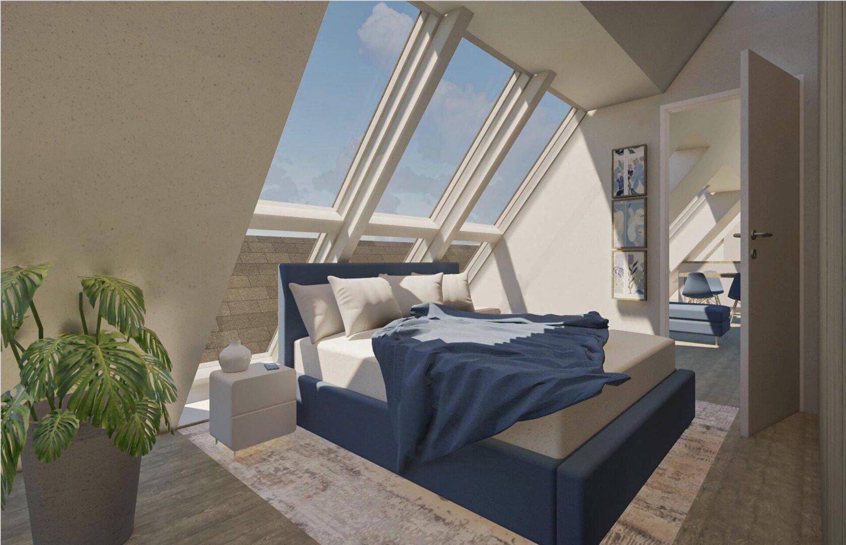Modernes Schlafzimmer im Dachgeschoss mit großen Dachfenstern, blauem Bett und Holzboden.