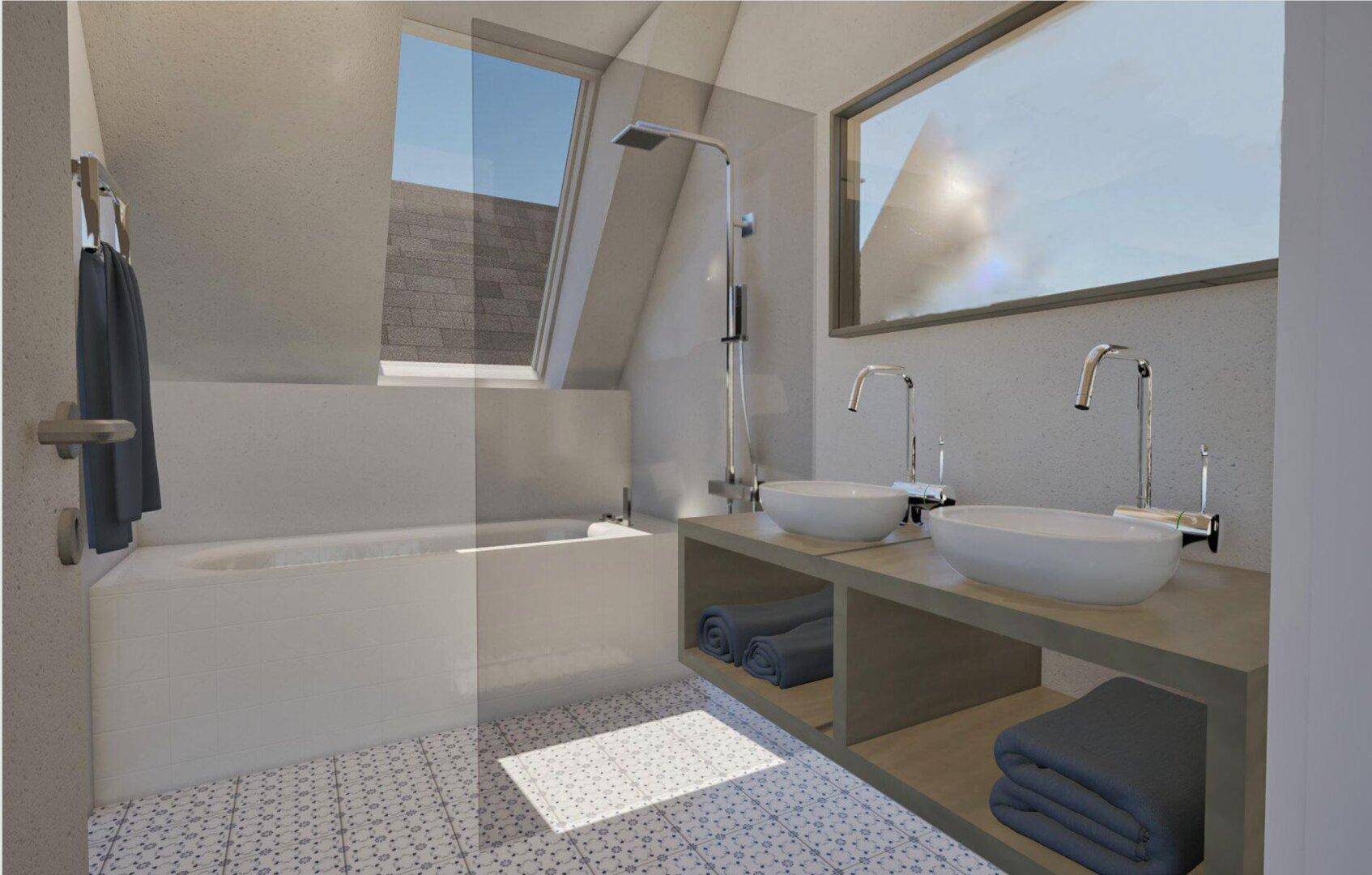 Modernes Badezimmer mit Doppelwaschbecken, Badewanne und Dachfenster für natürliches Licht.