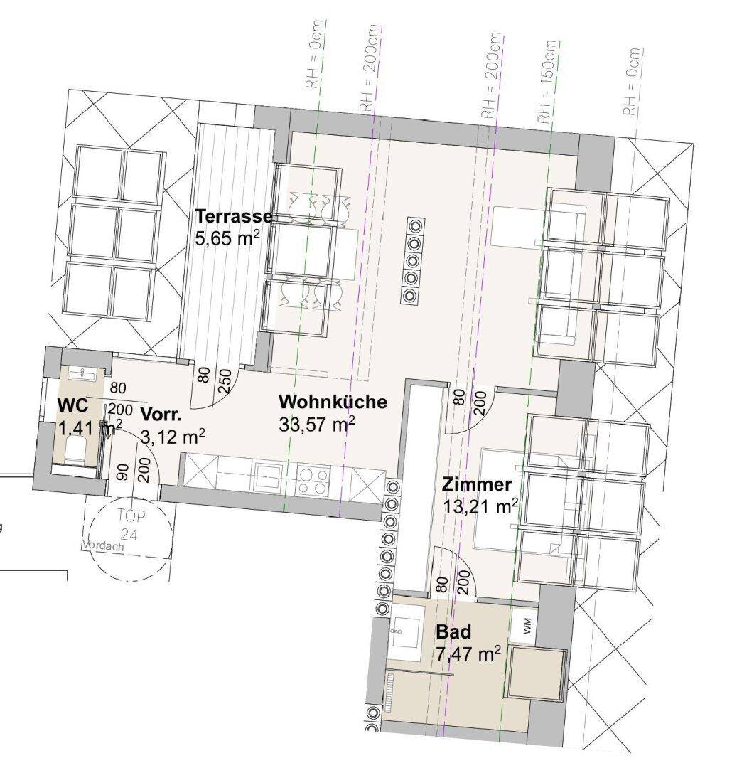 Grundriss einer Wohnung mit offener Wohnküche, einem Zimmer, Bad, WC und Terrasse.