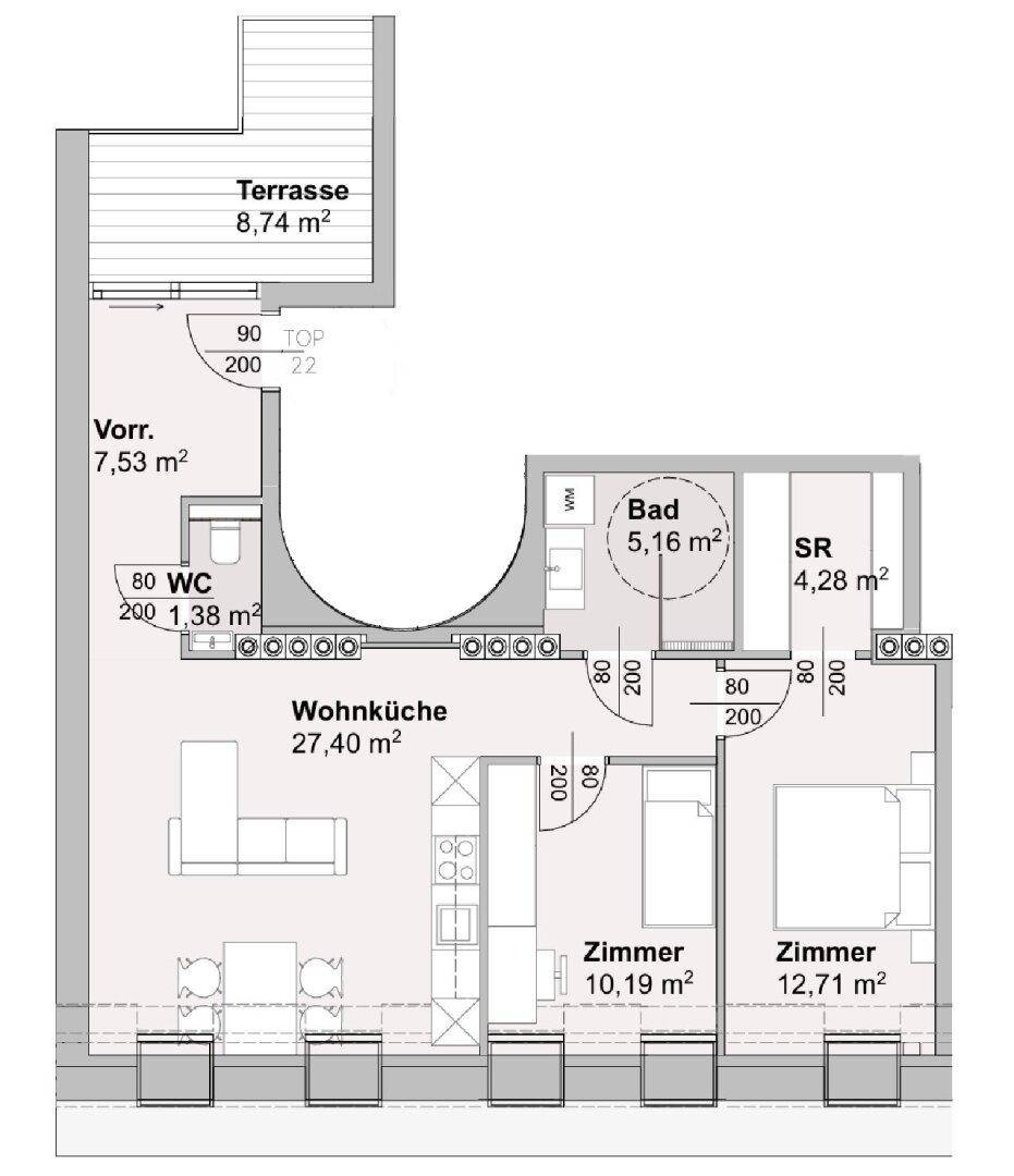 Grundriss einer Wohnung mit offener Wohnküche, zwei Zimmern, Bad, WC und Terrasse.