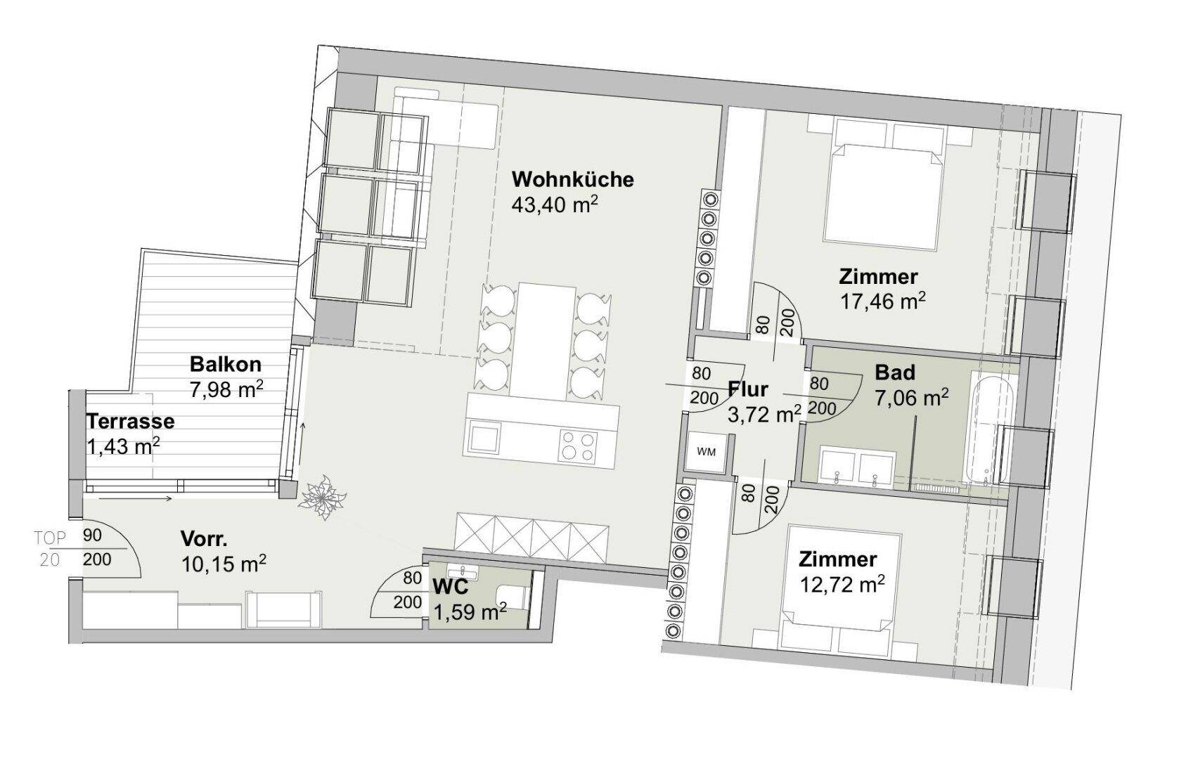Grundriss einer Wohnung mit Wohnküche, zwei Zimmern, Bad, WC, Balkon und Terrasse.