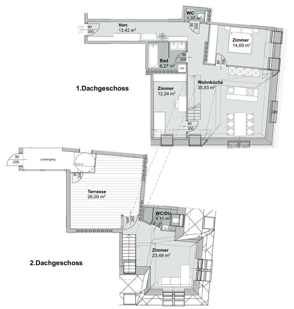 Grundrissplan der Dachgeschosse mit offener Wohnküche, mehreren Zimmern und großer Terrasse.