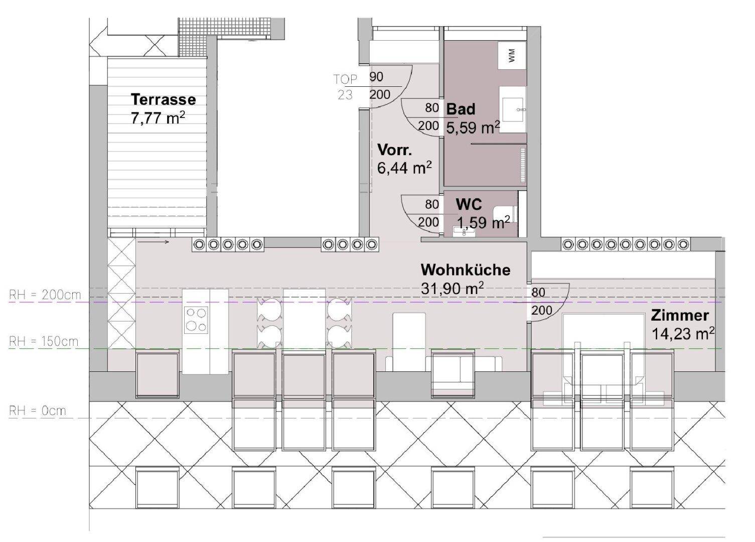 Grundriss einer Dachgeschosswohnung mit Terrasse, offener Wohnküche, Bad und separatem WC.
