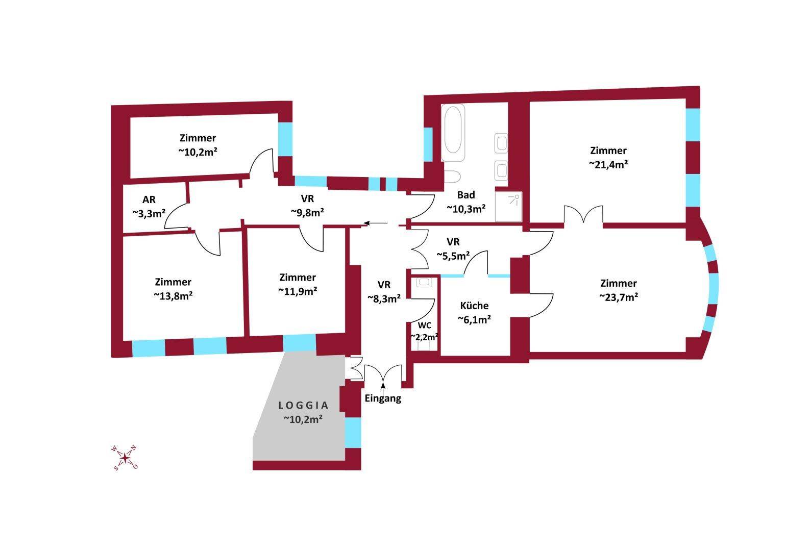 Grundriss einer Wohnung mit mehreren Zimmern, separatem Bad, WC und einer Loggia.