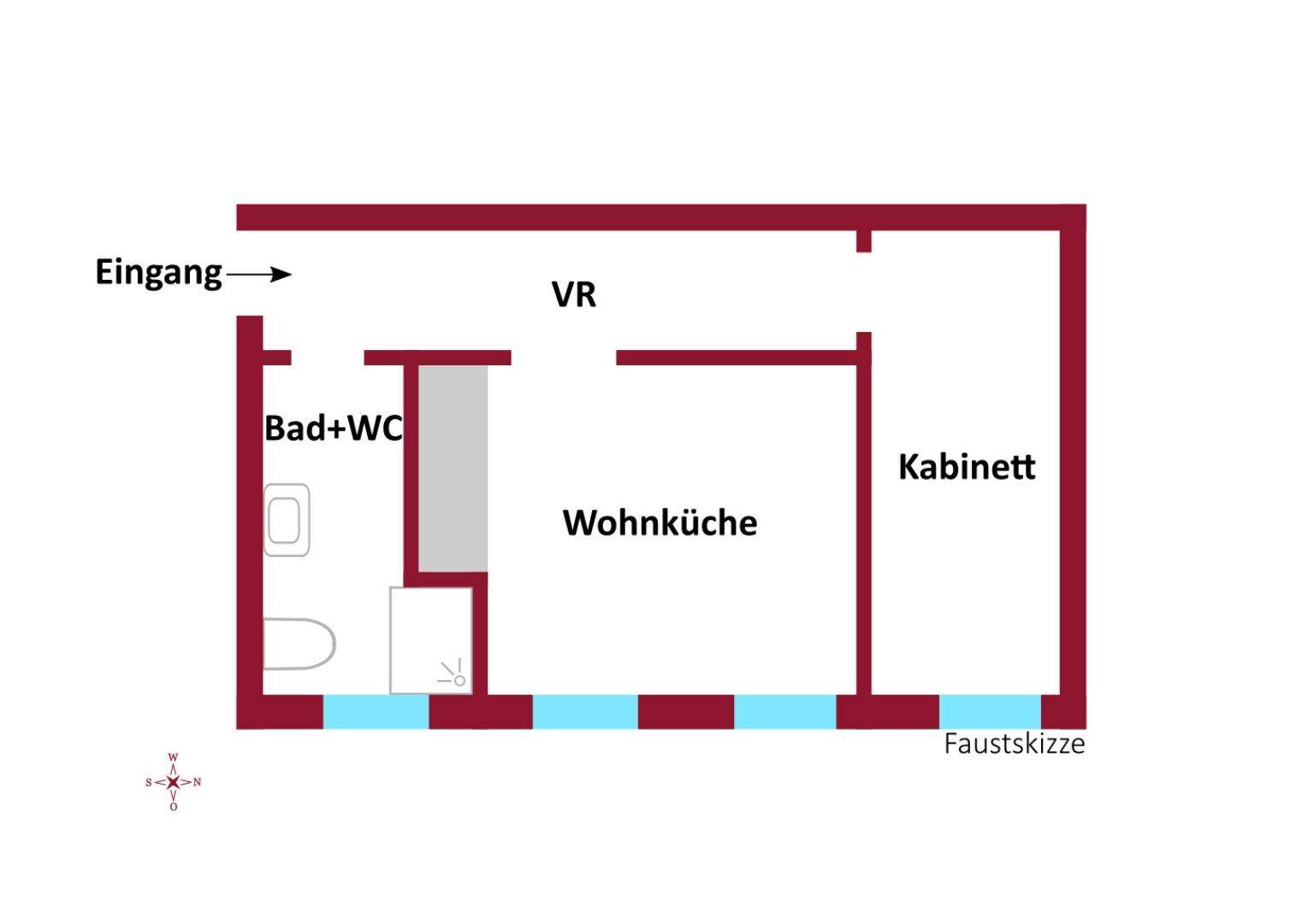 Grundriss einer Wohnung mit offener Wohnküche, Bad mit WC und einem zusätzlichen Kabinett.