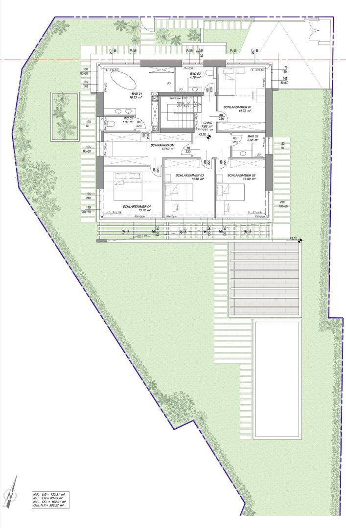 Grundriss des Obergeschosses mit drei Schlafzimmern und zwei Badezimmern.